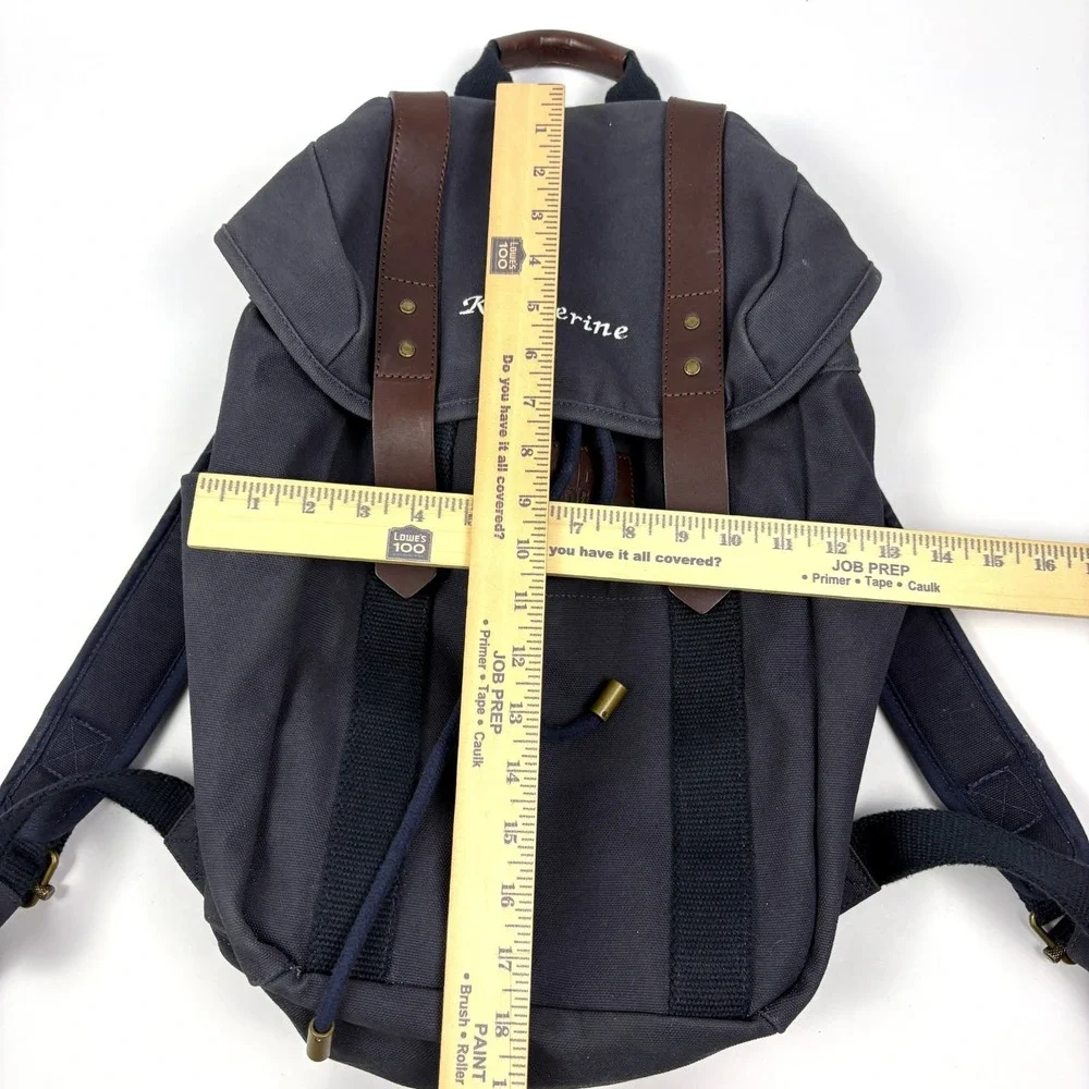 Lands End Waxed Canvas Backpack Navy Blue Leather Straps Padded Outdoors Daypack